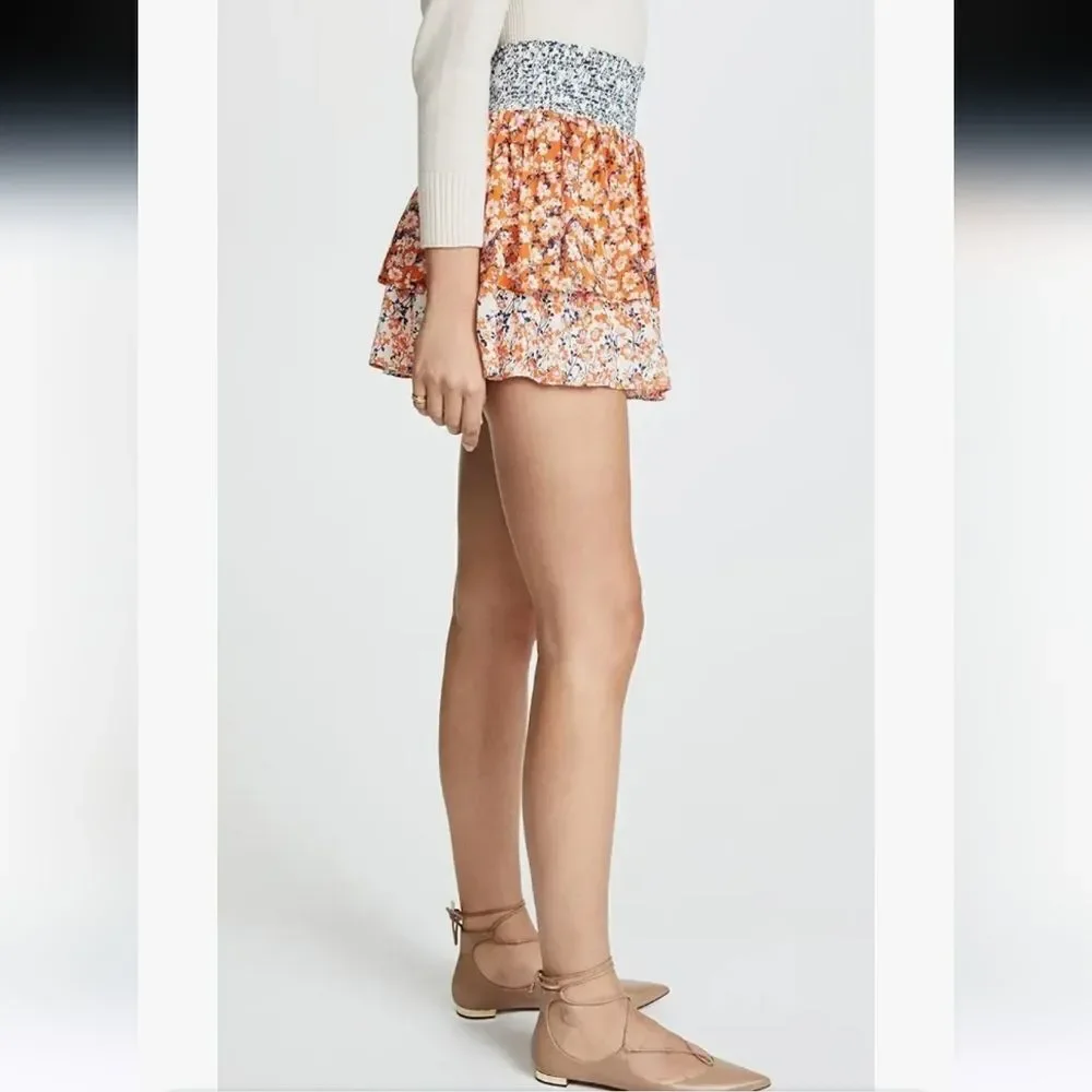 Ramy Brook Printed Annabelle Orange Floral Mini Skirt 100% Silk Size XS